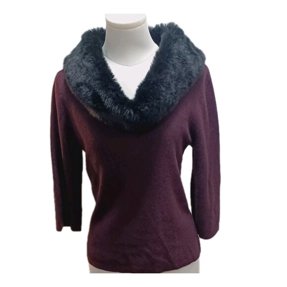 KATHY IRELAND Vintage Women's med Burgundy faux fur collar 90s - Picture 1 of 7